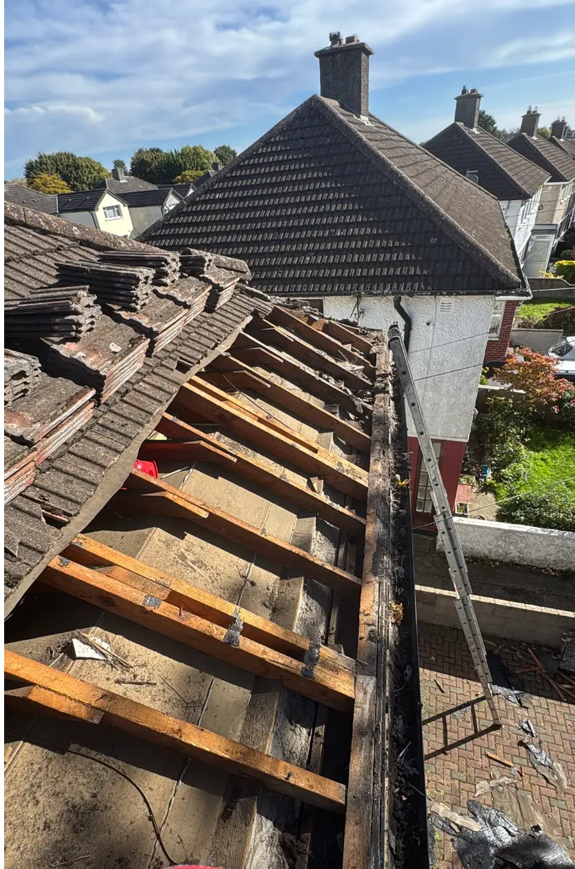 Residential roof with tiles lifted and rafters exposed during replacement